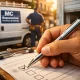 Primer plano de una mano escribiendo en un formulario de feedback, resaltando la atención al cliente en reparaciones de puertas de garaje en Madrid.