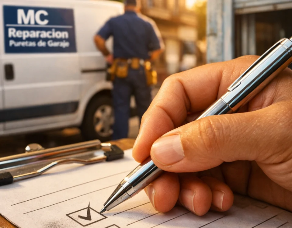 Primer plano de una mano escribiendo en un formulario de feedback, resaltando la atención al cliente en reparaciones de puertas de garaje en Madrid.