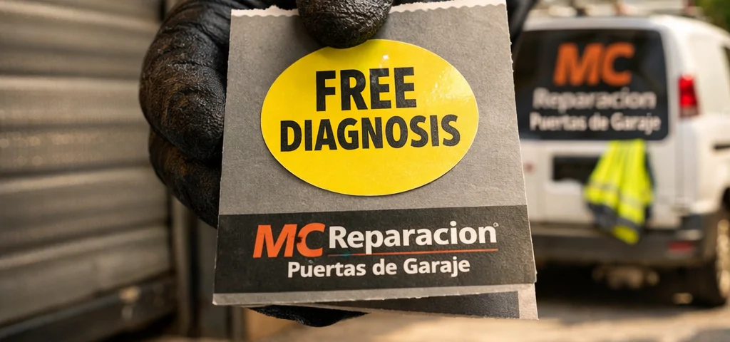 Técnico ofrece un folleto y una etiqueta "DIAGNÓSTICO GRATIS" en una escena de servicio de puertas de garaje en Madrid.
