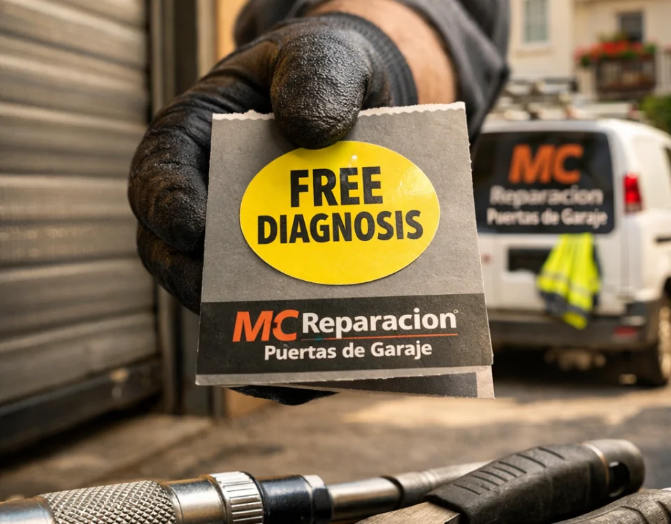 Técnico ofrece un folleto y una etiqueta "DIAGNÓSTICO GRATIS" en una escena de servicio de puertas de garaje en Madrid.