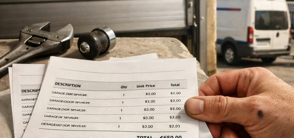 Primer plano de estimaciones de reparación para comparar precios de reparación para puertas de garaje correderas en Madrid.