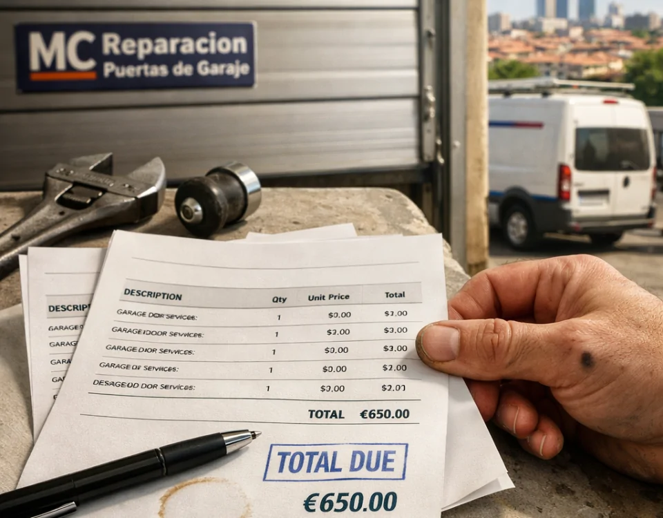 Primer plano de estimaciones de reparación para comparar precios de reparación para puertas de garaje correderas en Madrid.