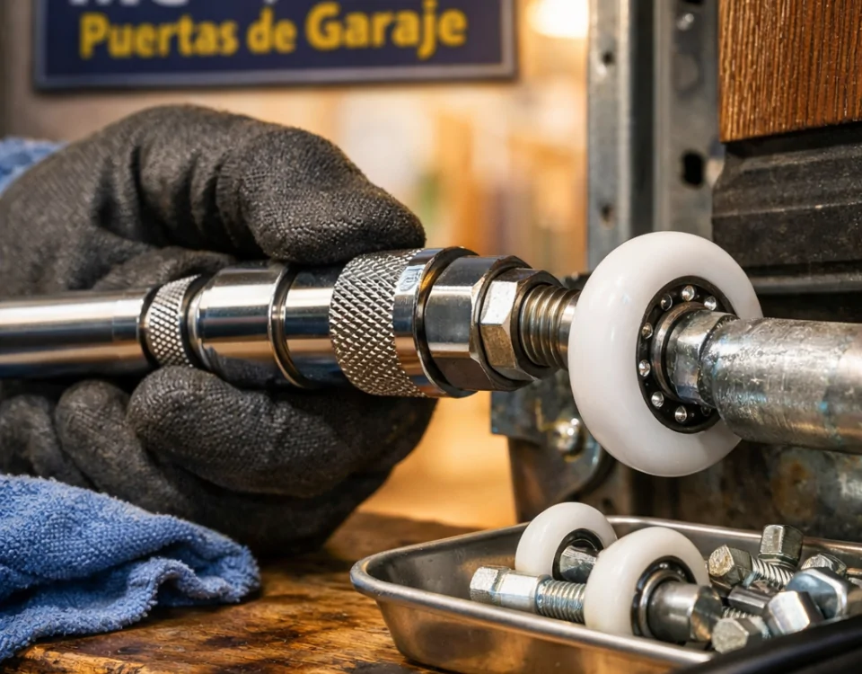 Primer plano de un técnico ajustando un tornillo en una puerta de garaje, destacando el servicio integral de reparación e instalación de puertas de garaje en Madrid cuales son los mejores.