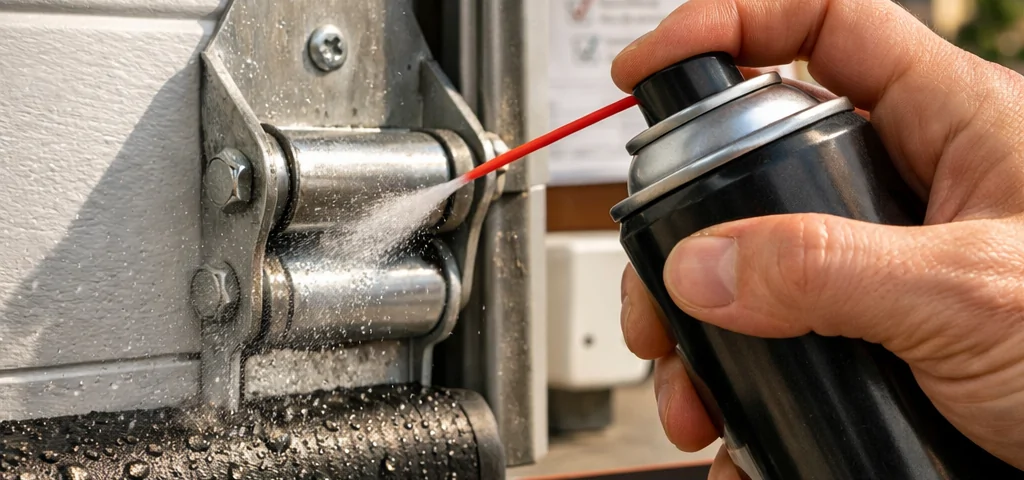 Primer plano de un bisagra y rodillo de puerta de garaje, con mano aplicando lubricante; mejores opciones de mantenimiento preventivo para puertas de garaje en Madrid.