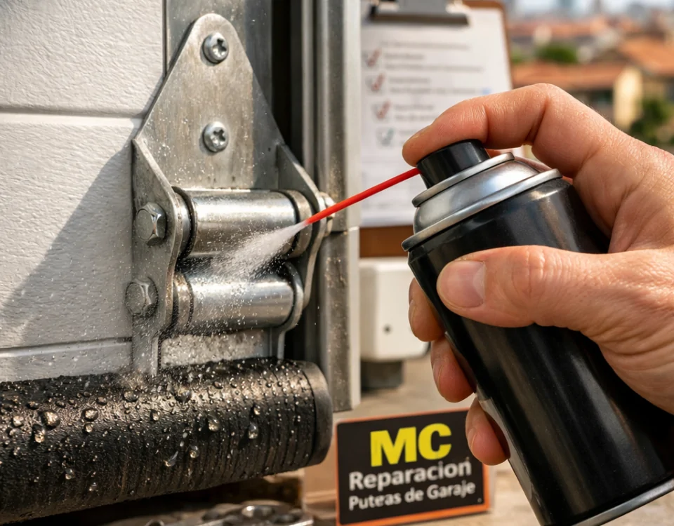 Primer plano de un bisagra y rodillo de puerta de garaje, con mano aplicando lubricante; mejores opciones de mantenimiento preventivo para puertas de garaje en Madrid.
