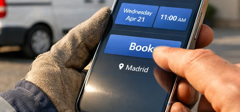 Técnico usando un smartphone para agendar mantenimiento en línea para puertas de garaje en Madrid, con luz cálida.