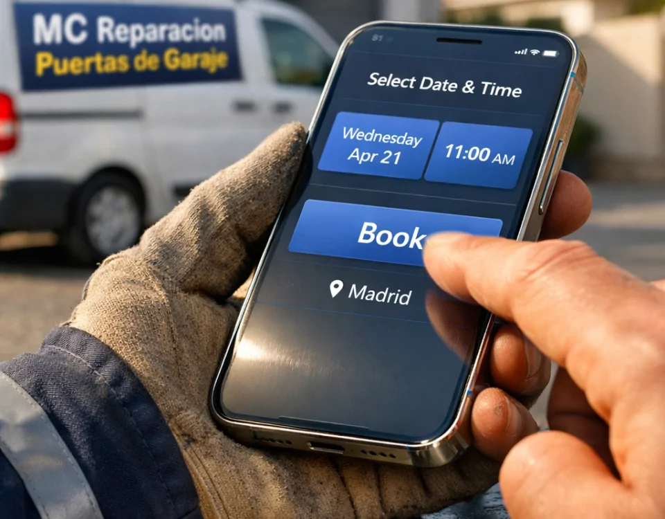 Técnico usando un smartphone para agendar mantenimiento en línea para puertas de garaje en Madrid, con luz cálida.