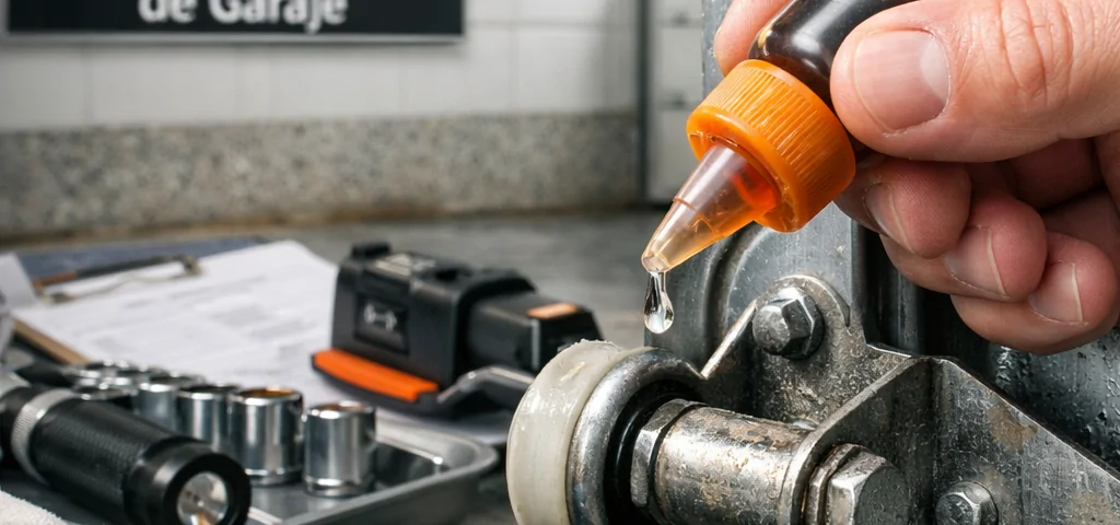 Técnico en Madrid aplica lubricante en bisagra de puerta de garaje, mostrando revisión periódica con herramientas organizadas.