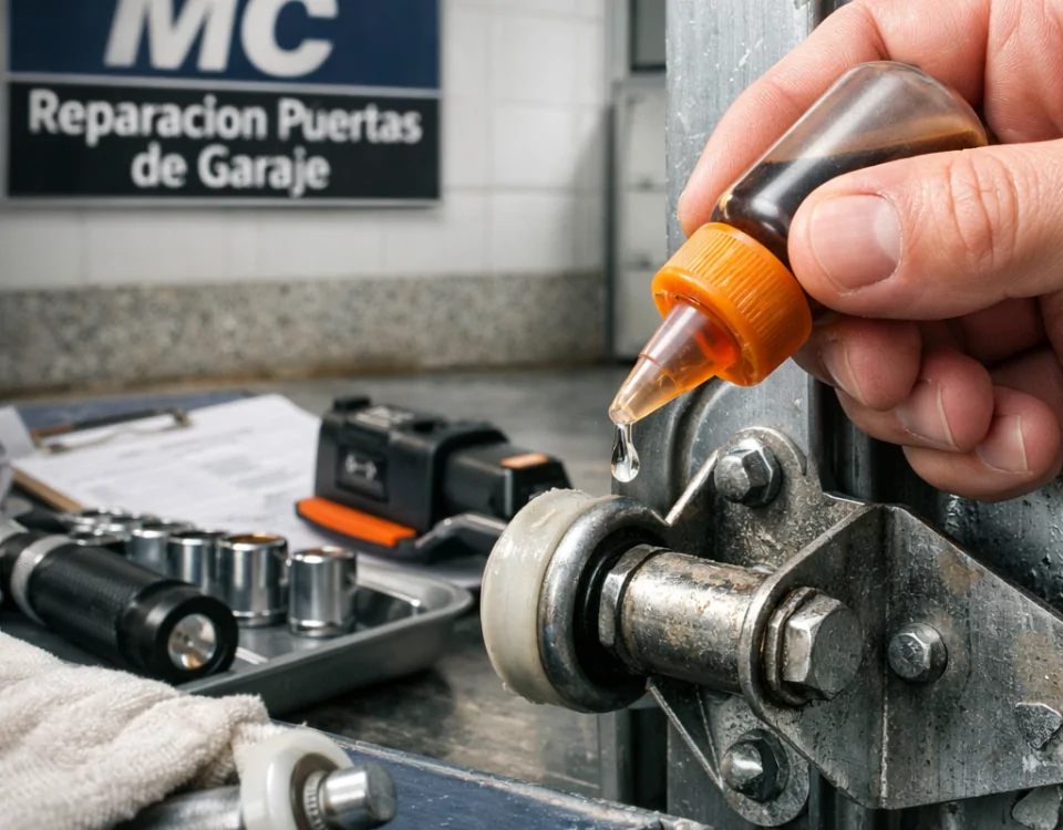 Técnico en Madrid aplica lubricante en bisagra de puerta de garaje, mostrando revisión periódica con herramientas organizadas.