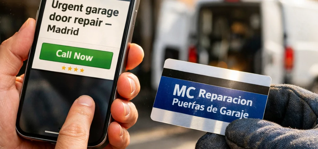 Mano del propietario con smartphone mostrando "Donde contratar la reparacion urgente de una puerta de garaje en Madrid" y técnico.