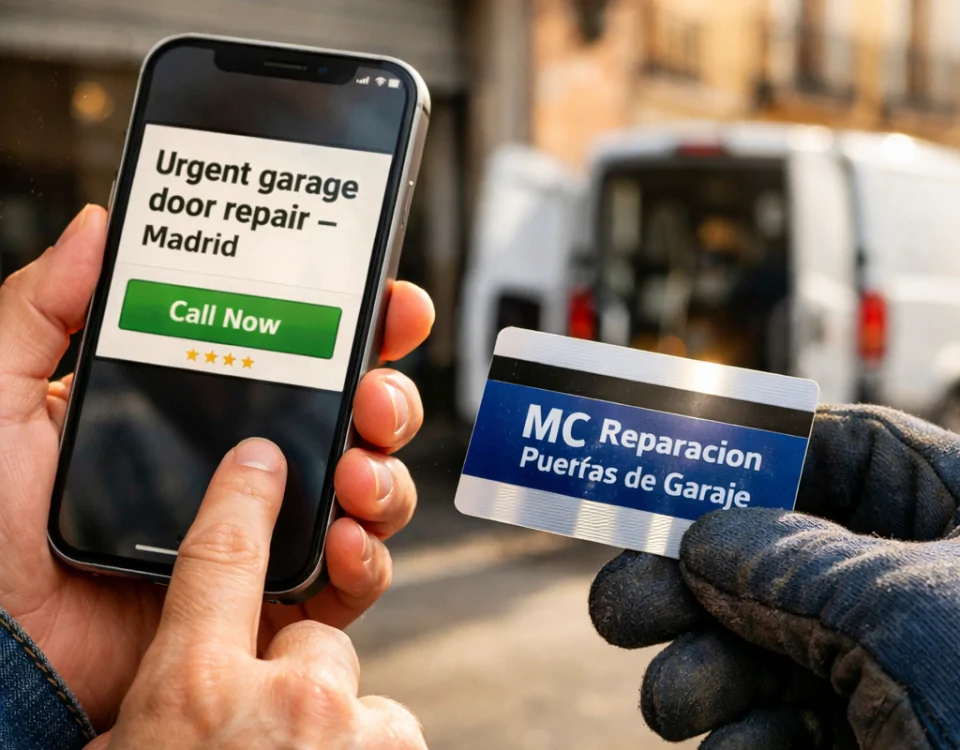 Mano del propietario con smartphone mostrando "Donde contratar la reparacion urgente de una puerta de garaje en Madrid" y técnico.