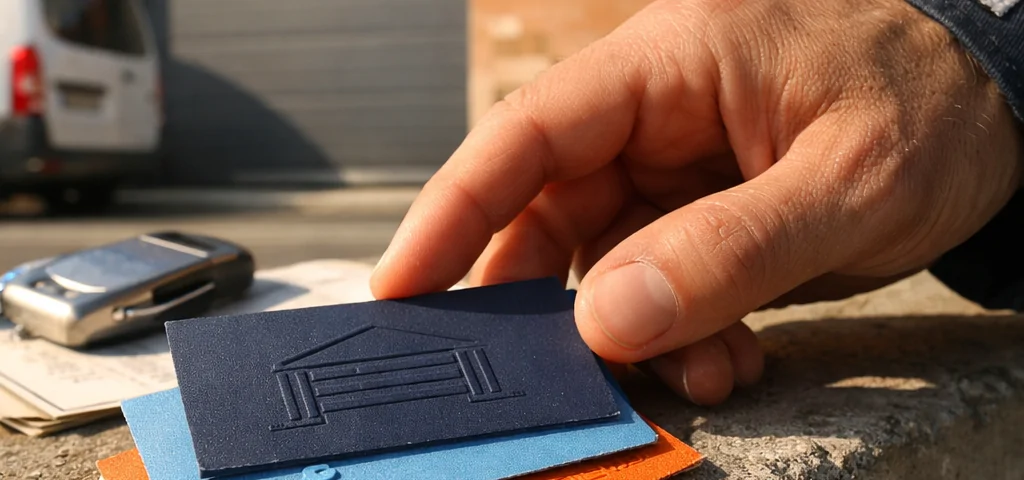 Primer plano de tarjetas de presentación sobre un alféizar, con mano de técnico; busca "Cuales son las empresas mas recomendadas en mantenimiento de puertas de garaje en Madrid".