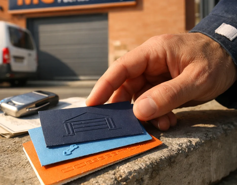 Primer plano de tarjetas de presentación sobre un alféizar, con mano de técnico; busca "Cuales son las empresas mas recomendadas en mantenimiento de puertas de garaje en Madrid".