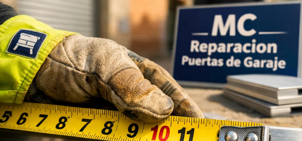 Primer plano de un contratista midiendo una muestra de puerta de garaje enrollable en Madrid. Encuentra servicios de instalacion de puertas de garaje enrollables en Madrid.