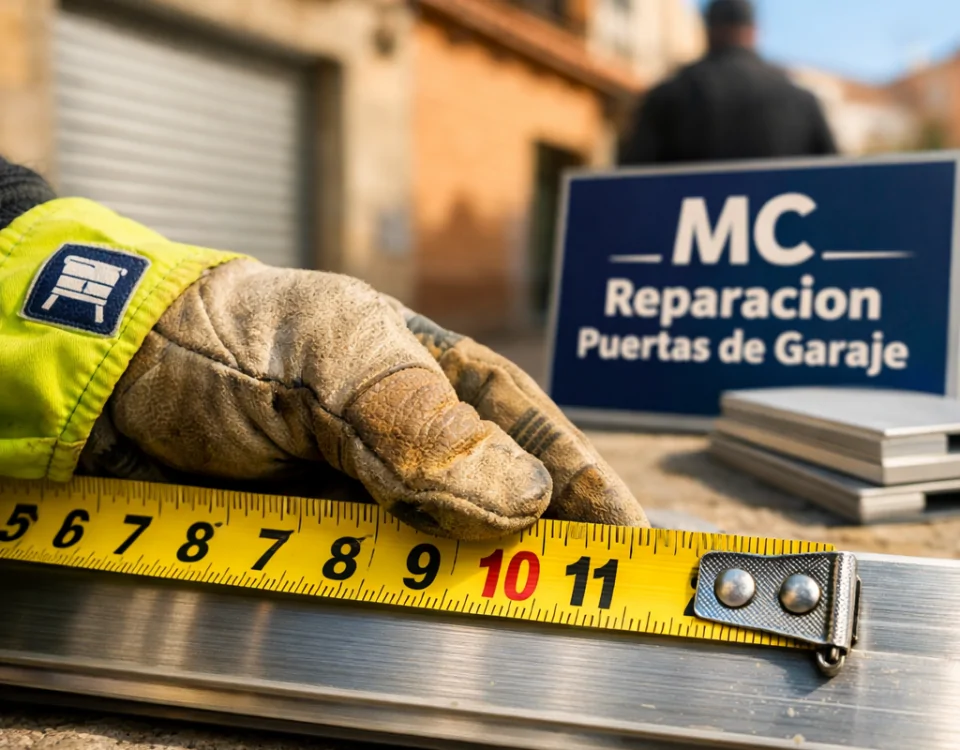 Primer plano de un contratista midiendo una muestra de puerta de garaje enrollable en Madrid. Encuentra servicios de instalacion de puertas de garaje enrollables en Madrid.