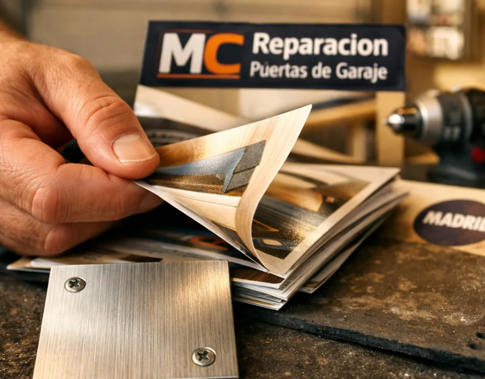Primer plano de un folleto de puertas de garaje automáticas, mostrando "Que proveedores en Madrid son especialistas en puertas de garaje automaticas".