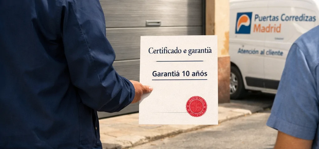 Técnico entrega certificado de garantía de 10 años a propietario en Madrid; destaca la pregunta: "¿Qué empresa ofrece mejor garantía en la instalación de puertas de garaje correderas en Madrid?