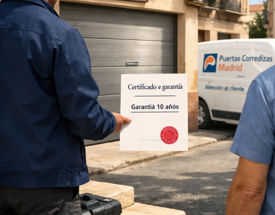 Técnico entrega certificado de garantía de 10 años a propietario en Madrid; destaca la pregunta: "¿Qué empresa ofrece mejor garantía en la instalación de puertas de garaje correderas en Madrid?