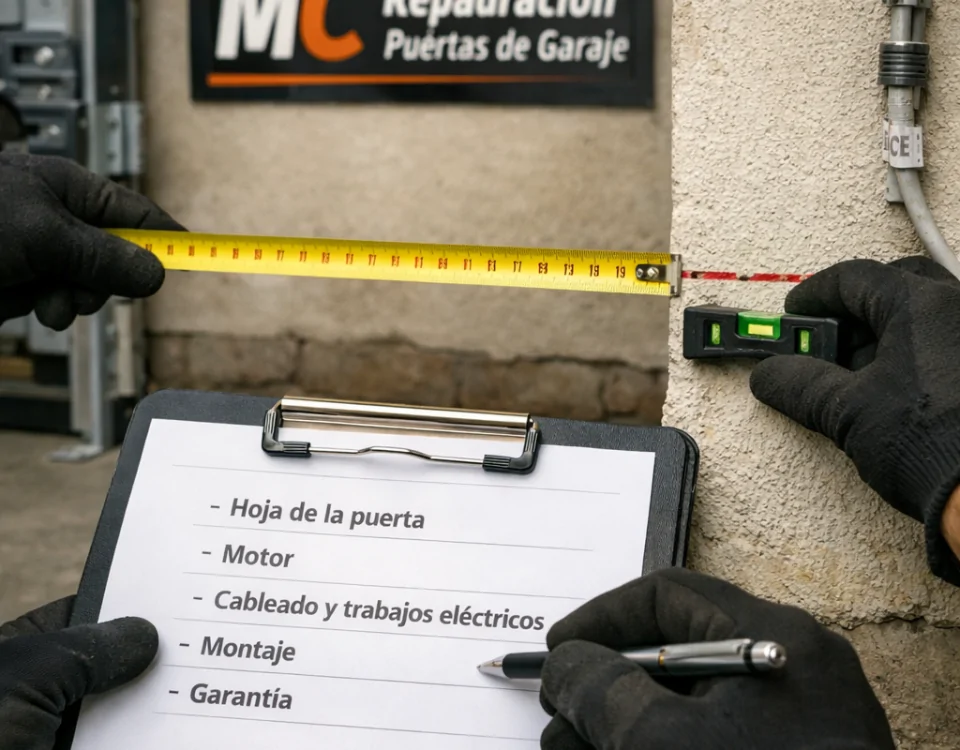 Comparar servicios de instalacion de puertas de garaje correderas en Madrid: manos midiendo puerta