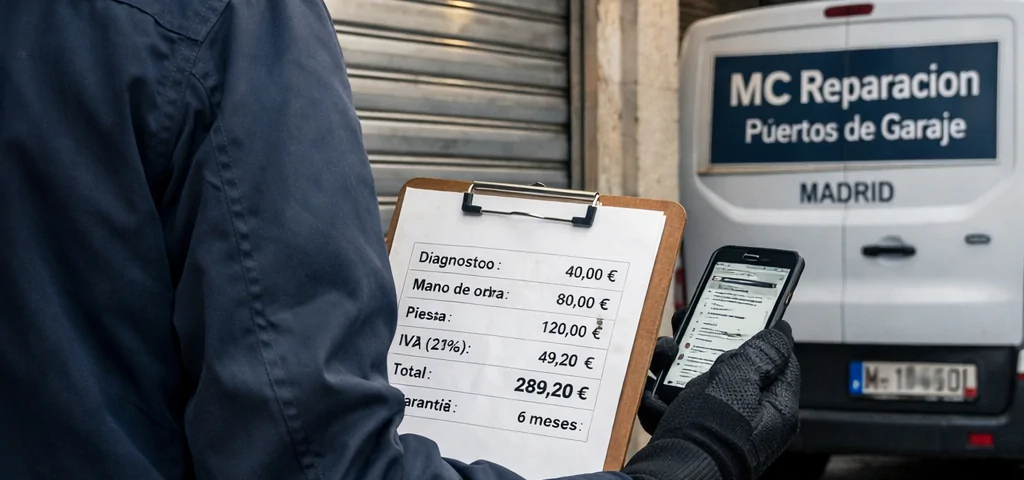 Técnico inspecciona puerta de garaje enrollable; Cual es el servicio mas economico para reparar puertas de garaje enrollables en Madrid