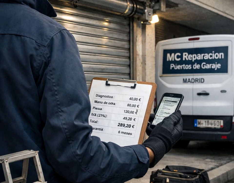 Técnico inspecciona puerta de garaje enrollable; Cual es el servicio mas economico para reparar puertas de garaje enrollables en Madrid