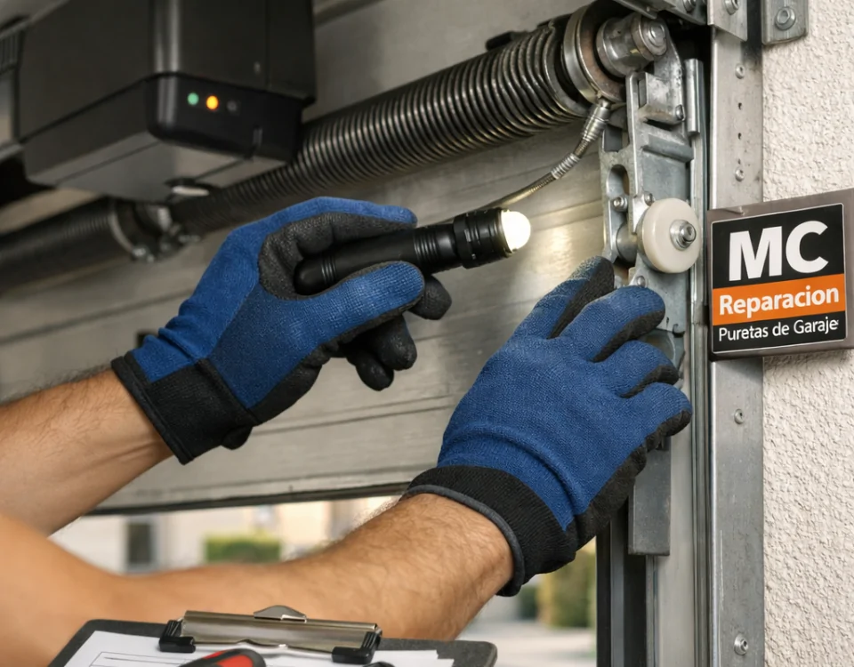 Técnico inspecciona puerta basculante de garaje en Madrid; ¿Que empresas de Madrid ofrecen mantenimiento para puertas de garaje basculantes?