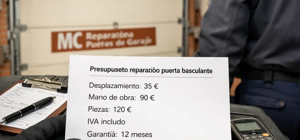 Presupuesto español de reparación de puerta basculante con total 245 €, junto a herramientas; Cuales son los mejores precios para servicios de reparacion de puertas de garaje basculantes