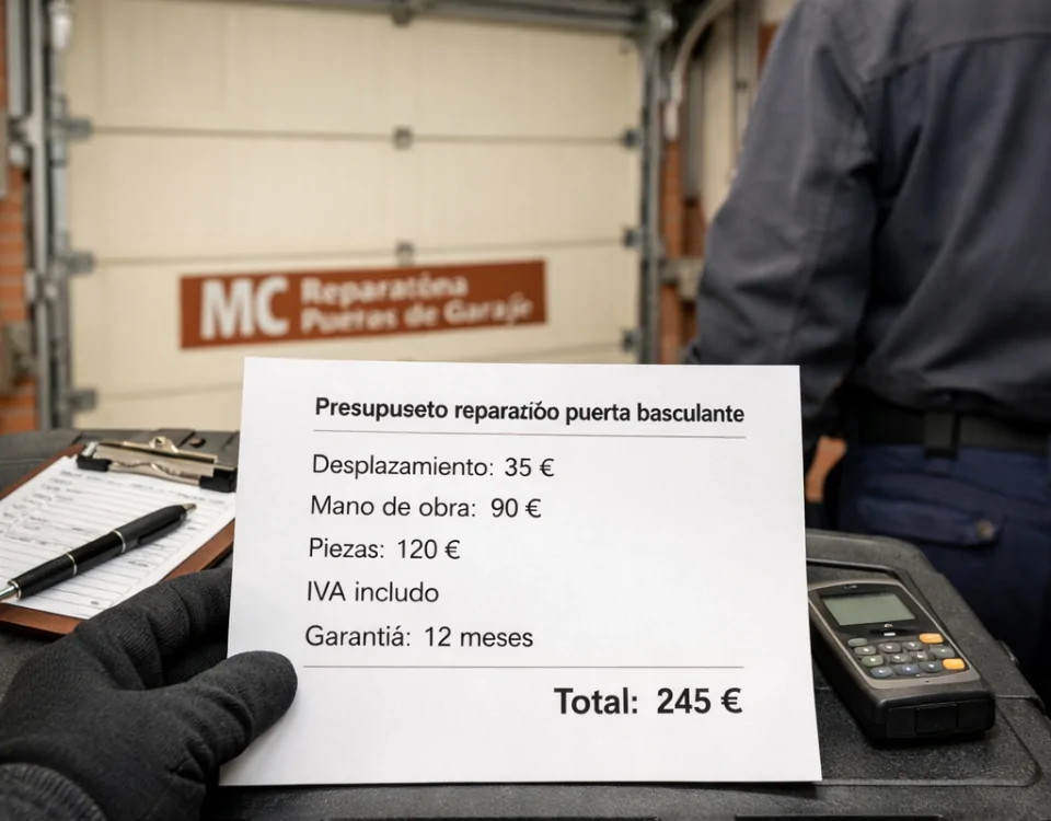 Presupuesto español de reparación de puerta basculante con total 245 €, junto a herramientas; Cuales son los mejores precios para servicios de reparacion de puertas de garaje basculantes