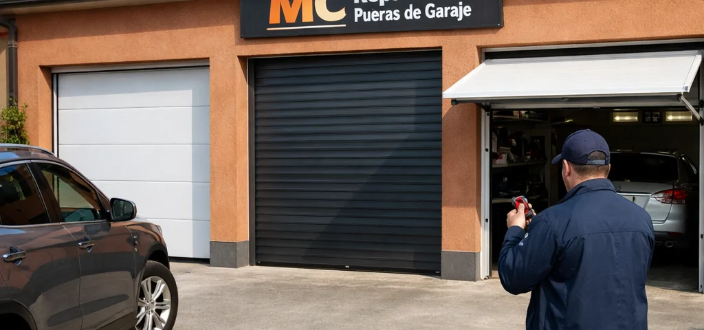 Casa madrileña con tres puertas de garaje comparadas y técnico midiendo; Que tipo de puerta de garaje es mas recomendable para una casa en Madrid