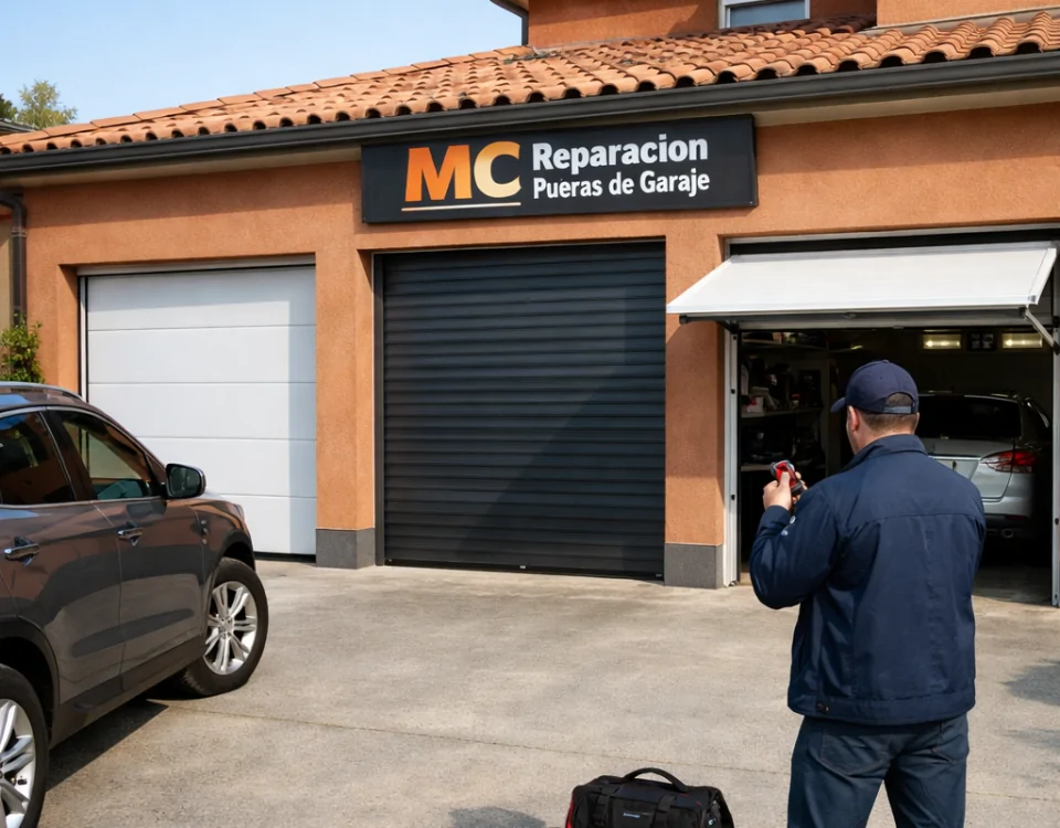 Casa madrileña con tres puertas de garaje comparadas y técnico midiendo; Que tipo de puerta de garaje es mas recomendable para una casa en Madrid