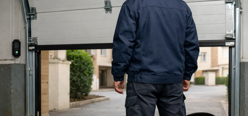 Técnico inspecciona una puerta de garaje abierta en Madrid; Cuales son los servicios mas populares para la reparacion de puertas de garaje en Madrid