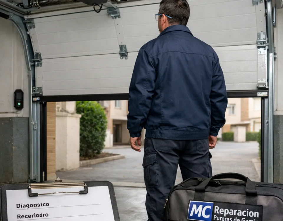 Técnico inspecciona una puerta de garaje abierta en Madrid; Cuales son los servicios mas populares para la reparacion de puertas de garaje en Madrid