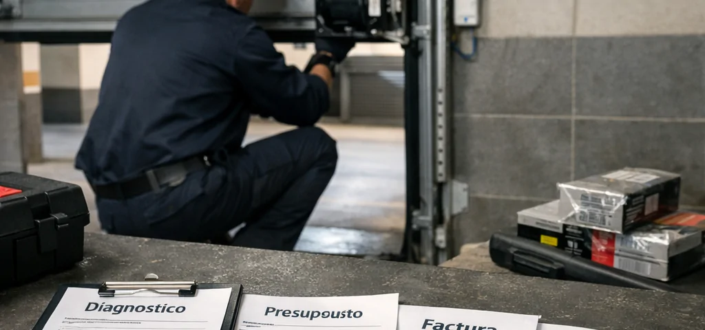 Técnico inspecciona una puerta de garaje en Barcelona con presupuesto y garantía; Cuales son las mejores empresas para la reparacion de puertas de garaje en Barcelona