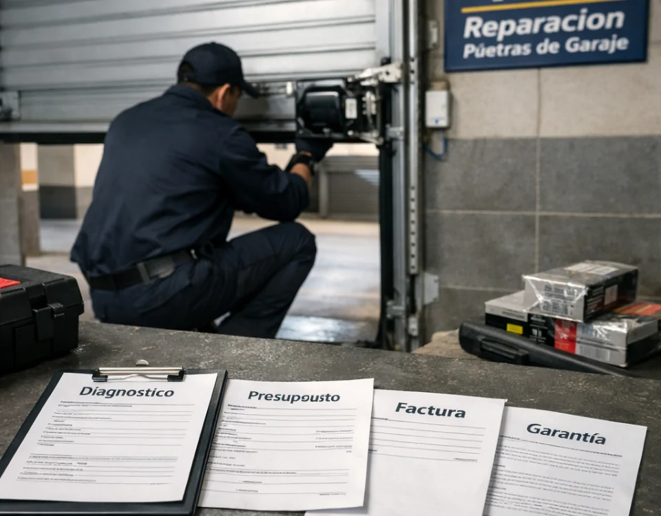 Técnico inspecciona una puerta de garaje en Barcelona con presupuesto y garantía; Cuales son las mejores empresas para la reparacion de puertas de garaje en Barcelona