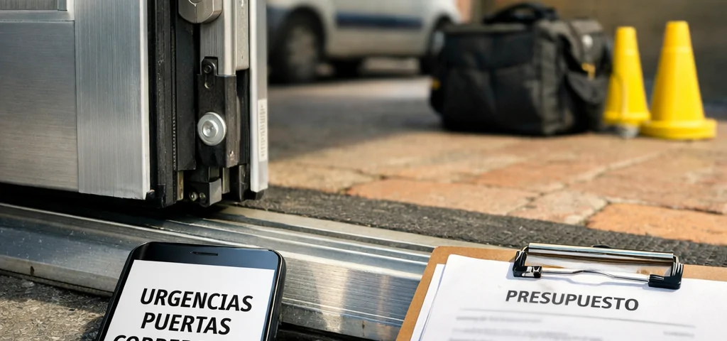 Técnico instala guía de puerta corredera en Barcelona; móvil muestra servicio de urgencias. Encuentra tecnicos especialistas en puertas correderas en Barcelona que ofrezcan urgencias
