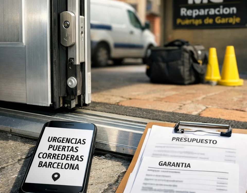 Técnico instala guía de puerta corredera en Barcelona; móvil muestra servicio de urgencias. Encuentra tecnicos especialistas en puertas correderas en Barcelona que ofrezcan urgencias