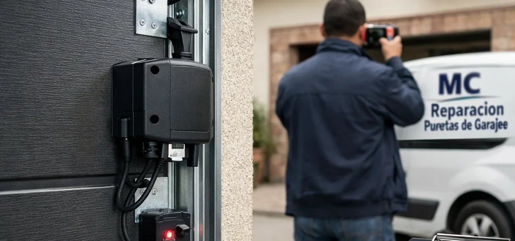Puerta seccional antracita con motor y técnico verificando su alineación en una entrada de garaje de Barcelona; soluciones personalizadas.