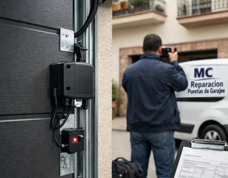 Puerta seccional antracita con motor y técnico verificando su alineación en una entrada de garaje de Barcelona; soluciones personalizadas.