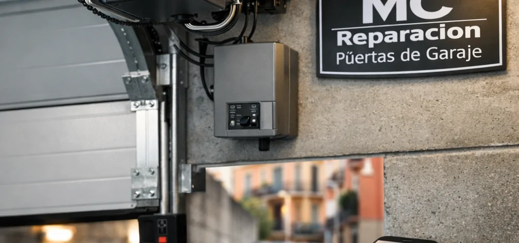 Motor, sensores y panel de control instalados en una puerta de garaje de Barcelona; Que empresas son lideres en innovacion para puertas de garaje en Barcelona