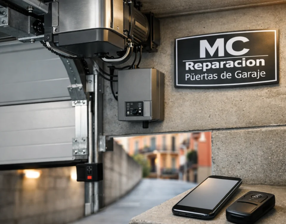 Motor, sensores y panel de control instalados en una puerta de garaje de Barcelona; Que empresas son lideres en innovacion para puertas de garaje en Barcelona